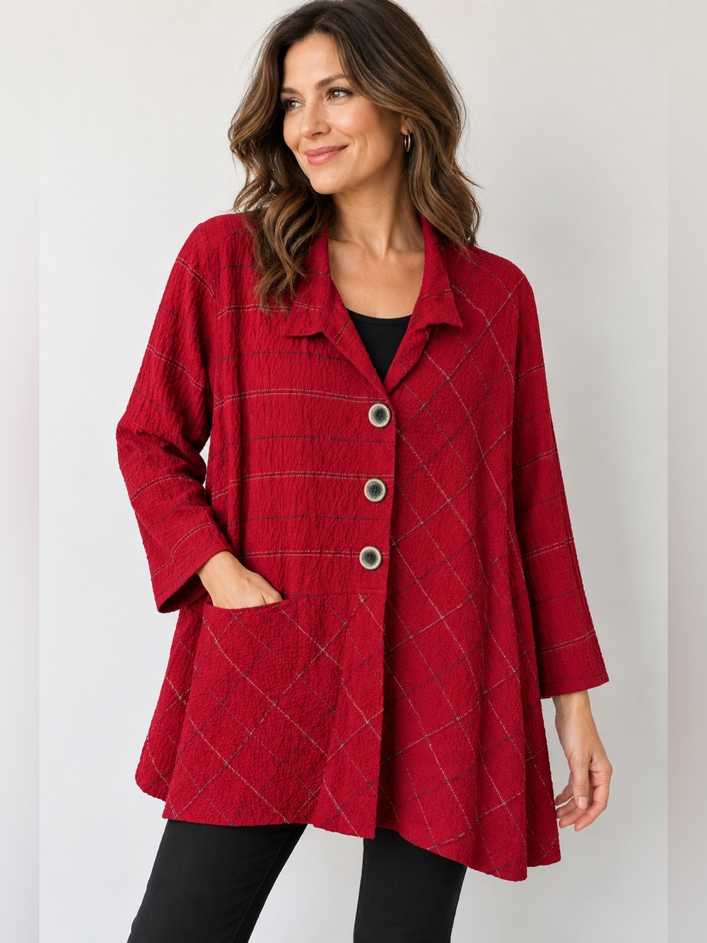 Ali Miles XL Red Textured Plaid Button Front Jacket Tunic Artsy lagenlook